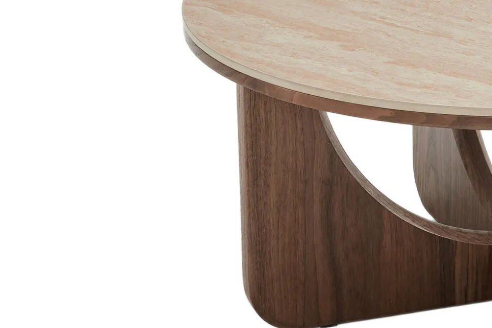 Runder Couchtisch ENSO 80cm champagner greige Travertin Keramik Walnussholz