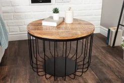 Runder Couchtisch FACTORY LOFT 60cm natur Mangoholz schwarzes Metallgestell handmade massiv