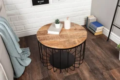 Runder Couchtisch FACTORY LOFT 60cm natur Mangoholz schwarzes Metallgestell handmade massiv