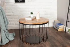 Runder Couchtisch FACTORY LOFT 60cm natur Mangoholz schwarzes Metallgestell handmade massiv