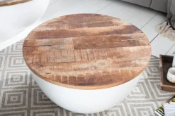 Runder Couchtisch INDUSTRIAL STORAGE 60cm weiß natur Mangoholz mit Stauraum handmade