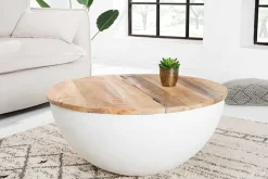 Runder Couchtisch INDUSTRIAL STORAGE 70cm weiß natur Massivholz mit Stauraum handmade