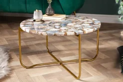 Runder Couchtisch NOBLE 65cm Edelstein Achat abnehmbare Tischplatte goldenes Metallgestell