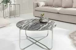 Runder Couchtisch NOBLE 65cm grau Marmor abnehmbare Tischplatte klappbar silber Metall