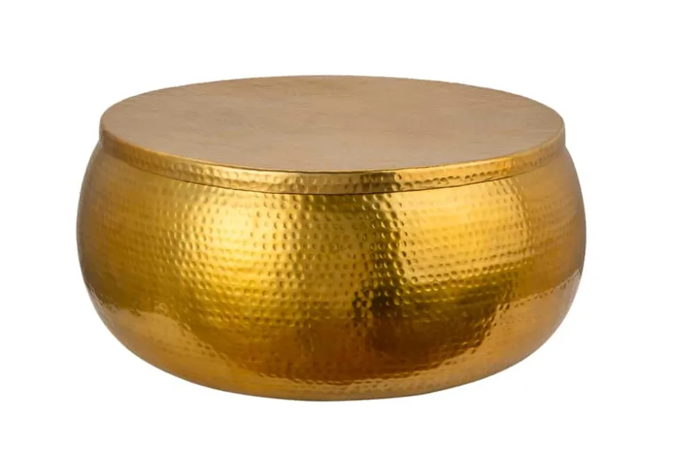 Runder Couchtisch ORIENT STORAGE 70cm gold Metall mit Stauraum Hammerschlag Design handmade