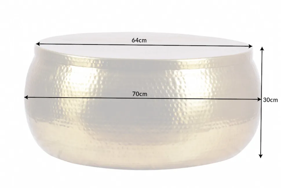 Runder Couchtisch ORIENT STORAGE 70cm gold Metall mit Stauraum Hammerschlag Design handmade