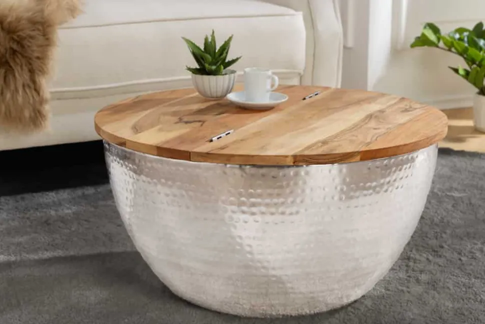 Runder Couchtisch ORIENT STORAGE 60cm silber Akazienholz mit Stauraum Hammerschlag handmade