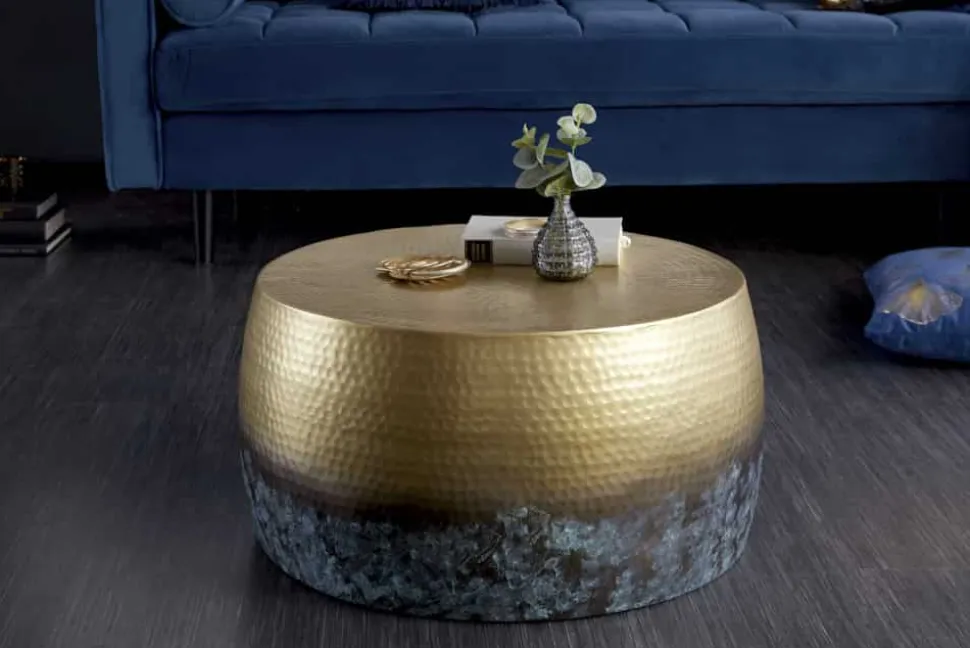 Runder Couchtisch ORIENT III 60cm gold Metall mit Patina Hammerschlag Design handmade