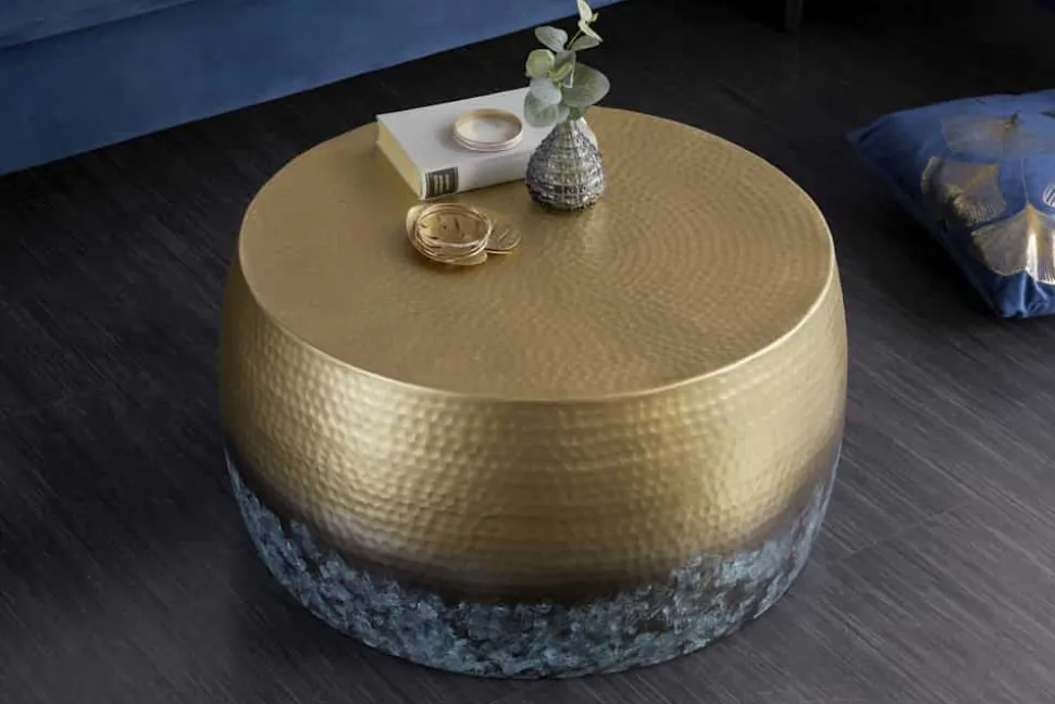 Runder Couchtisch ORIENT III 60cm gold Metall mit Patina Hammerschlag Design handmade