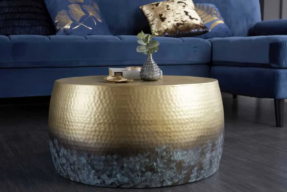 Runder Couchtisch ORIENT III 60cm gold Metall mit Patina Hammerschlag Design handmade