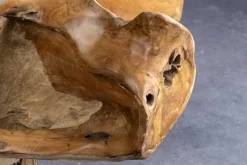 Runder Couchtisch ROOT 100cm natur Teak Massivholz aus Wurzelholz mit Glasplatte