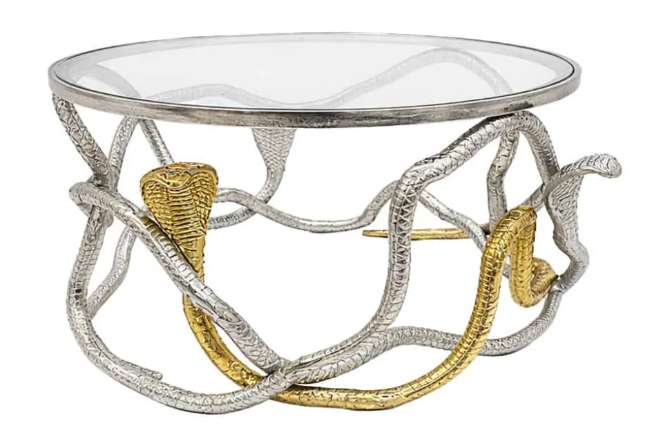 Runder Couchtisch SNAKE 70cm gold silber Metall Schlangen-Skulptur Glasplatte