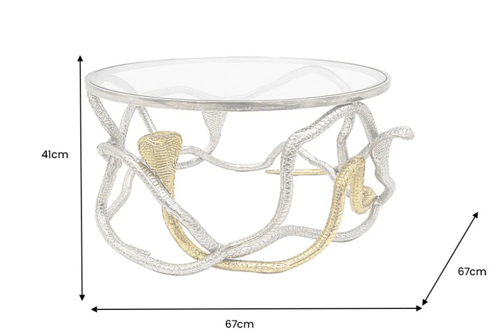 Runder Couchtisch SNAKE 70cm gold silber Metall Schlangen-Skulptur Glasplatte