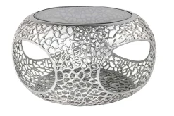 Runder Couchtisch SPIN 75cm silber Schwarzglas Metall mit Stauraum handmade