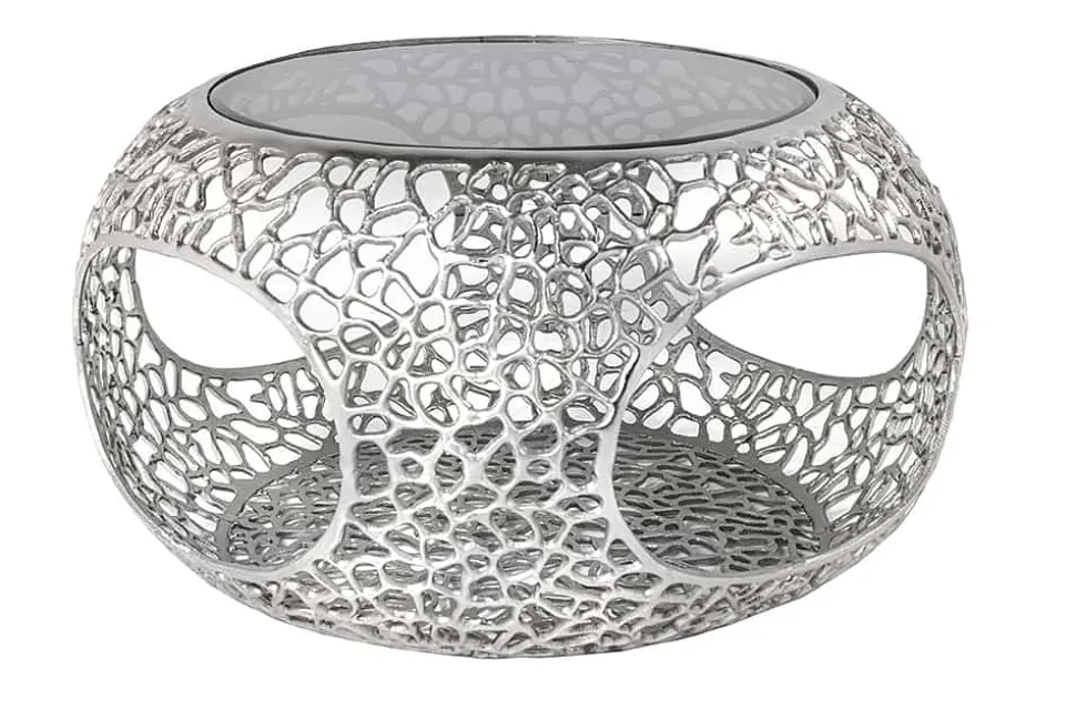 Runder Couchtisch SPIN 75cm silber Schwarzglas Metall mit Stauraum handmade