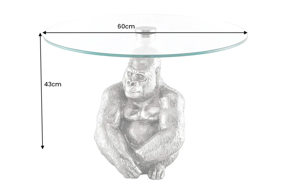 Runder Couchtisch WILDLIFE KONG 60cm silber Metall Glas Affenfigur Gorilla Skulptur handmade