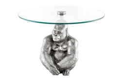 Runder Couchtisch WILDLIFE KONG 60cm silber Metall Glas Affenfigur Gorilla Skulptur handmade