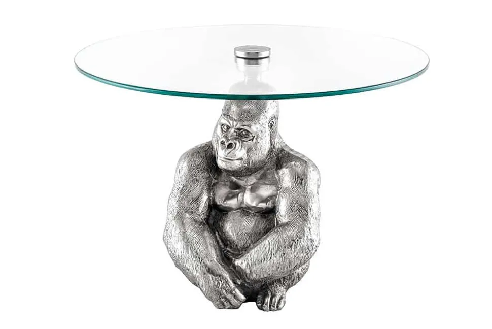 Runder Couchtisch WILDLIFE KONG 60cm silber Metall Glas Affenfigur Gorilla Skulptur handmade