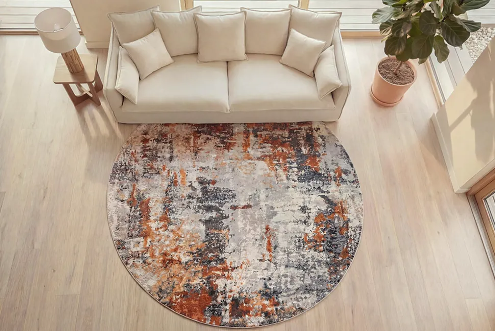 Runder Design Teppich MODERN ART 150cm beige grau kupfer Kurzflor Indoor
