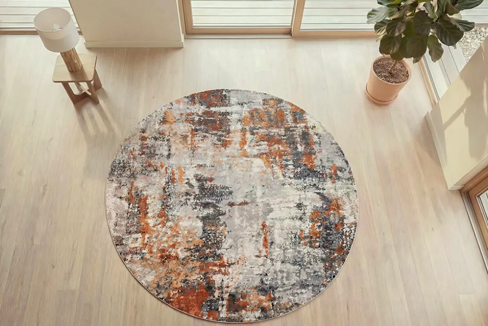 Runder Design Teppich MODERN ART 150cm beige grau kupfer Kurzflor Indoor