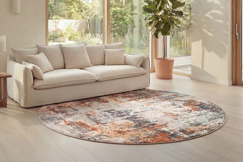 Runder Design Teppich MODERN ART 150cm beige grau kupfer Kurzflor Indoor