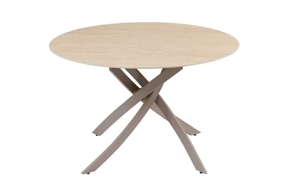 Runder Esstisch ALPINE 120cm natur Travertin Keramik champagner greige Metall