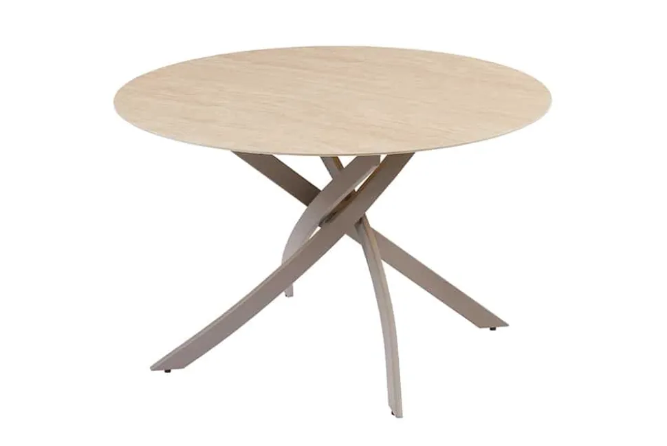 Runder Esstisch ALPINE 120cm natur Travertin Keramik champagner greige Metall