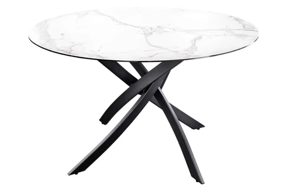 Runder Esstisch ALPINE 120cm weiß Marmor Keramik schwarzes Metallgestell