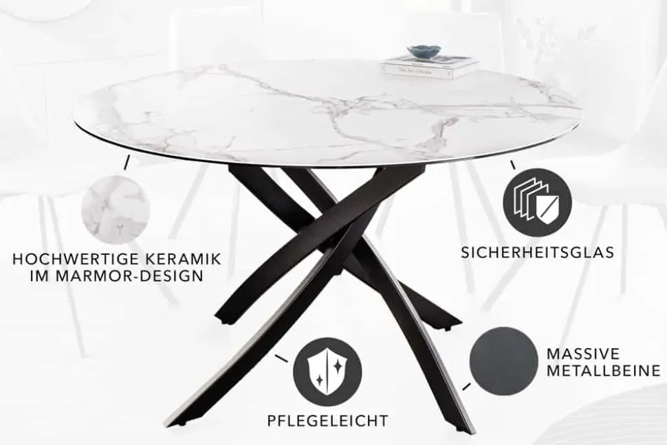Runder Esstisch ALPINE 120cm weiß Marmor Keramik schwarzes Metallgestell