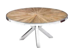 Runder Esstisch BARRACUDA 120cm braun Teak Massivholz Glasplatte silber Edelstahl verchromt