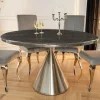 Runder Esstisch ELEGANCIA 130cm schwarz Marmor chrom Stahl mit Säulenfuß