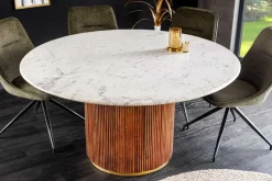 Runder Esstisch GATSBY 140cm braun gold Mangoholz weiße Marmorplatte Säulenfuß