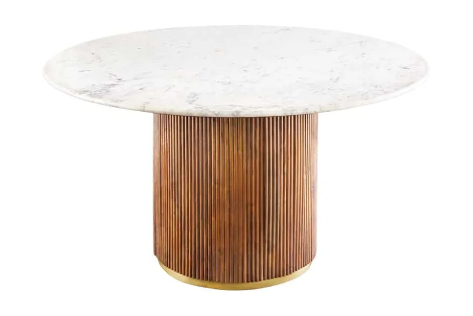 Runder Esstisch GATSBY 140cm braun gold Mangoholz weiße Marmorplatte Säulenfuß