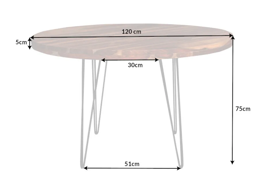 Runder Esstisch MAKASSAR 120cm braun Sheesham Massivholz stone finish Hairpin Legs