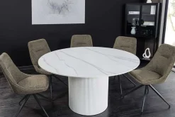 Runder Esstisch UNIQUE 120cm weiß Keramik mit Säulenfuß
