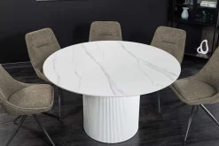 Runder Esstisch UNIQUE 120cm weiß Keramik mit Säulenfuß