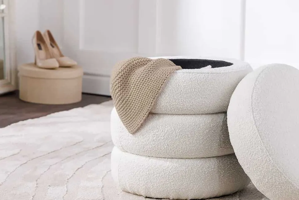 Runder Hocker VOGUE 50cm creme weiß Bouclé Polsterhocker mit Stauraum