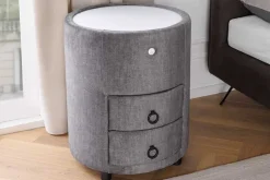 Runder Nachttisch SIGNUM 55cm grau Vogue Velours Samt inkl. Beleuchtung Schubladen