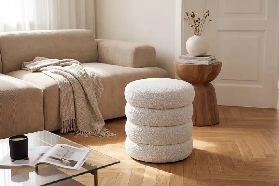 Runder Polsterhocker VOGUE 40cm weiß Bouclé mit Stauraum