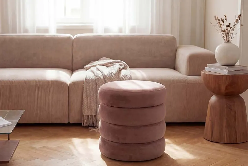 Runder Polsterhocker VOGUE 40cm rosa Samt mit Stauraum