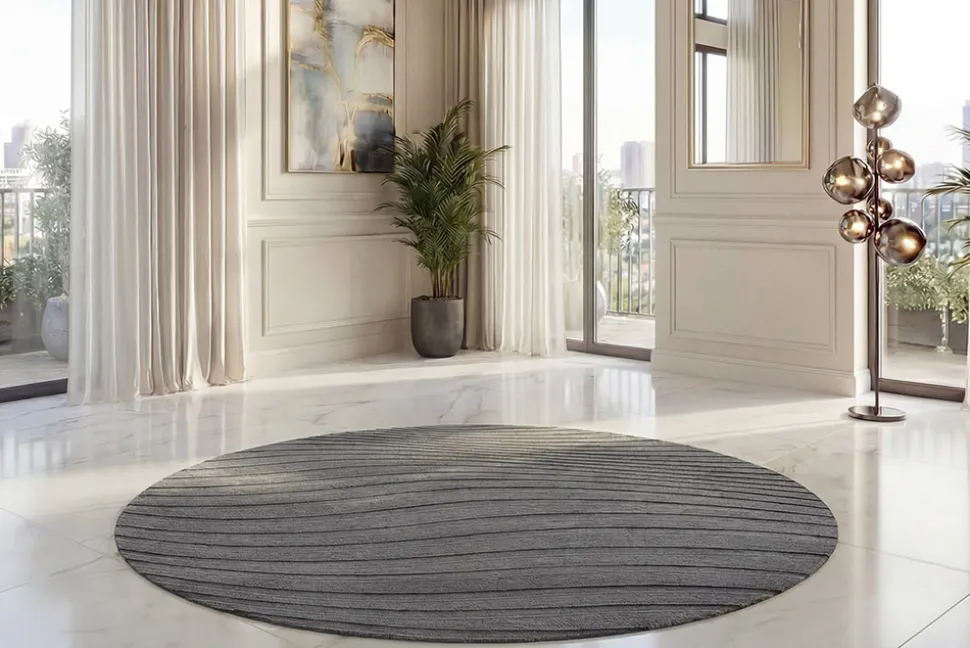 Runder Teppich WAVE 230cm anthrazit 3D strukturierter Kurzflor Indoor Hoch-Tief-Effekt