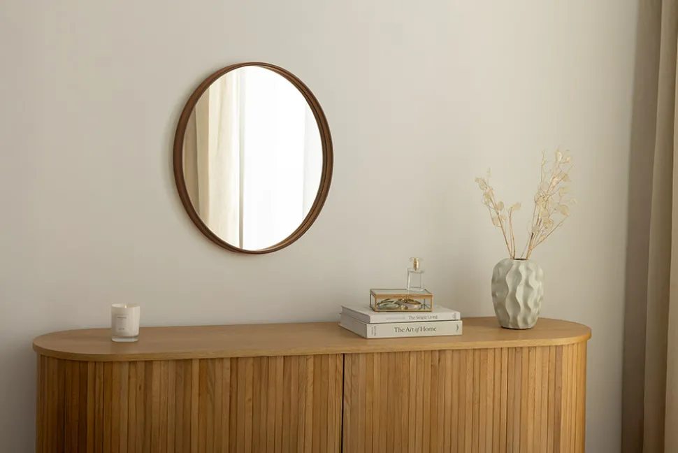Runder Wandspiegel PORTRAIT 70cm braun in Walnussholz-Design