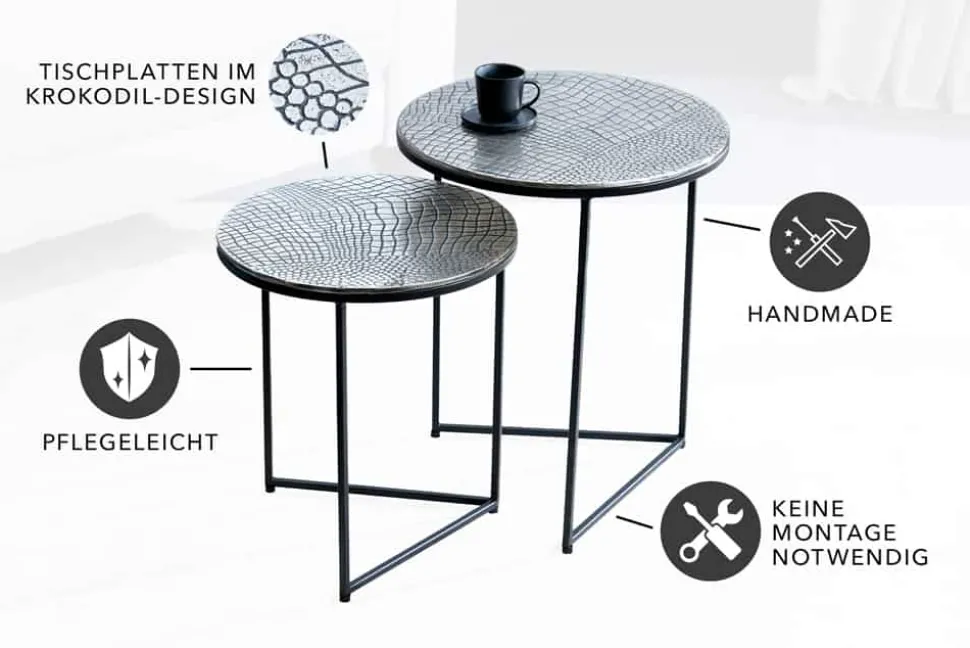 Rundes 2er Set Beistelltisch ELEMENTS 50cm silber antik Krokodil-Design handmade