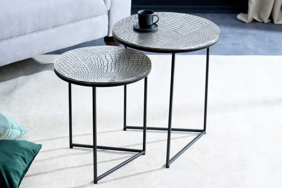 Rundes 2er Set Beistelltisch ELEMENTS 50cm silber antik Krokodil-Design handmade