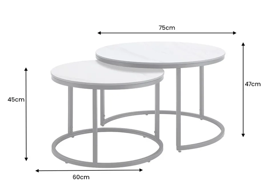Rundes 2er Set Couchtische ELEGANCE 75cm weiß Keramik schwarz Metall