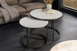 Rundes 2er Set Couchtische ELEGANCE 75cm weiß Keramik schwarz Metall