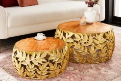 Rundes 2er Set Couchtische ABSTRACT LEAF 70cm natur gold Massivholz Akazie Metall Blatt-Design