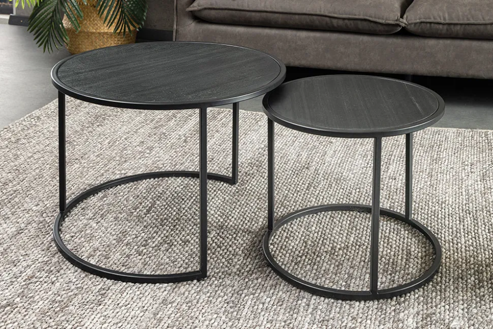 Rundes 2er Set Couchtische MOUNTAIN SOUL 60cm schwarz Naturstein Design Metall