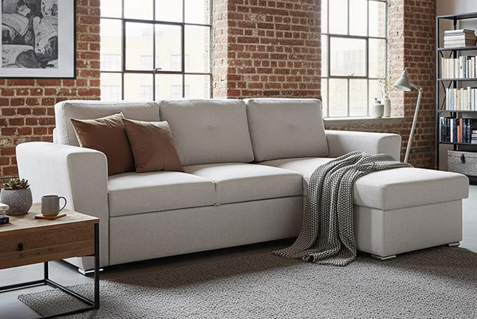 Schlafecksofa APARTMENT 245cm beige Strukturstoff inkl. Stauraum beidseitig aufbaubar