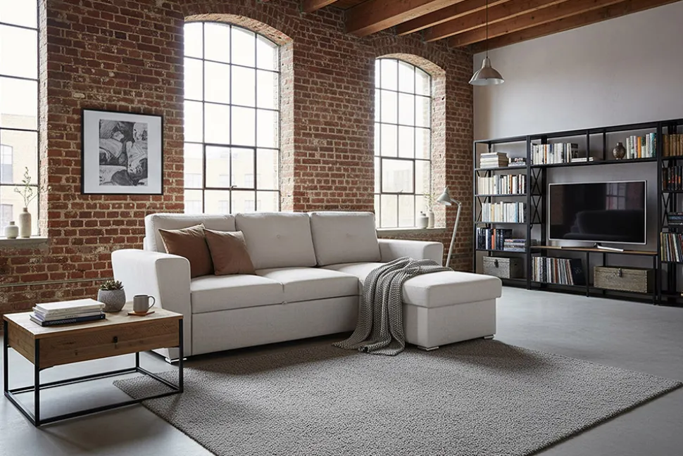 Schlafecksofa APARTMENT 245cm beige Strukturstoff inkl. Stauraum beidseitig aufbaubar